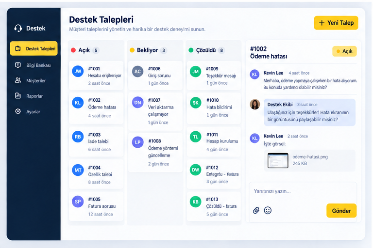 Destek Sistemi dashboard ekranı