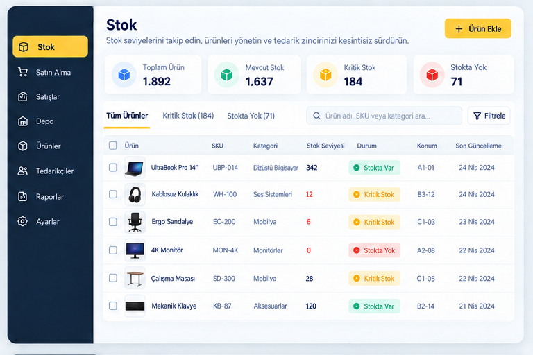Stok / Envanter Yönetimi dashboard ekranı